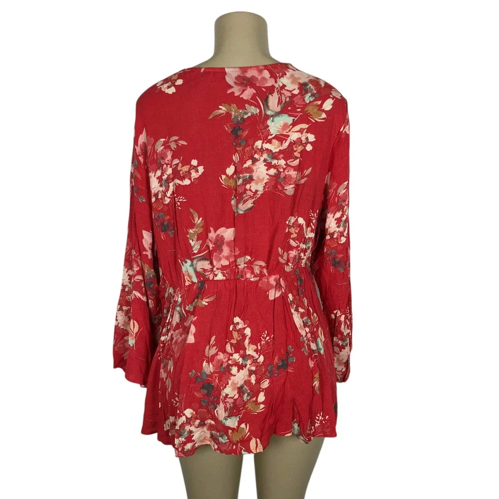 Torrid Floral Print Crochet Lace V-Neck Bell Sleeve Tunic Top Size 1X Boho Gauze - Picture 5 of 8